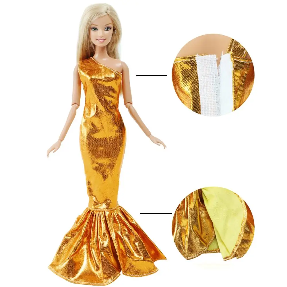 Элегантная кукла платье для куклы Барби золотистого цвета на одно плечо рыбий