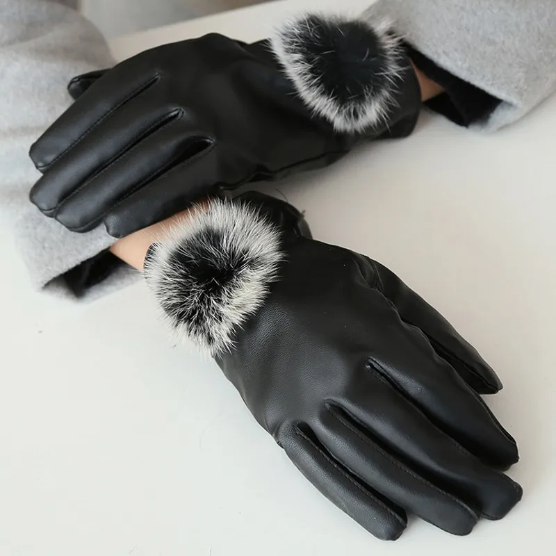 

Winter Touch Screen Mitten Women Keep Warm PU leather Gloves Ladies Elegant Plush Wrist Mittens Ski Driving Cycling Female Glove