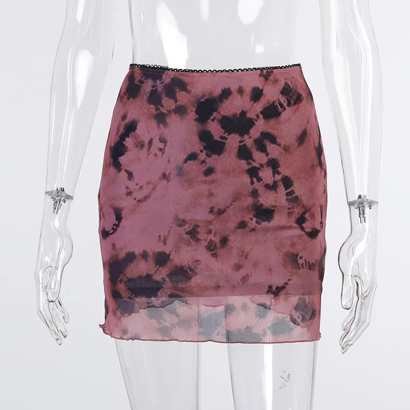 

High Waist Tie Dye Mesh Mini Skirts 2000s Aesthetics Ruffles A-line Skirts Y2K Vintage Outfits Double Layer