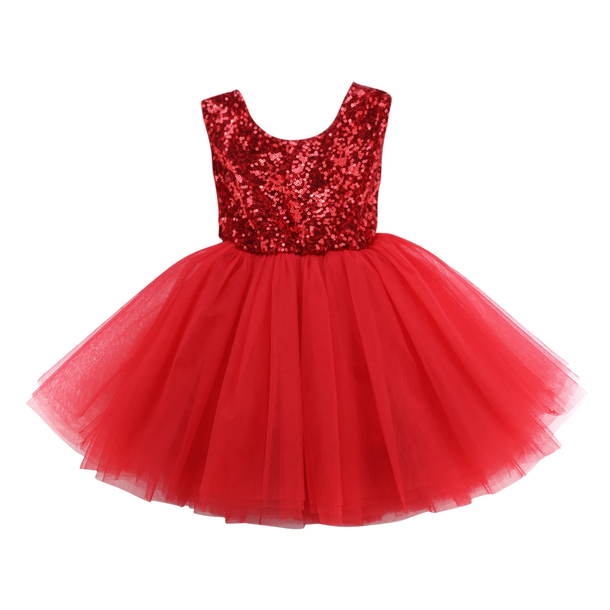 Formal Party Newborn Infant Baby Girls Sleeveless O-Neck Lace Bow Sequined Knee-Length Tutu Princess Dress Sundress 2021