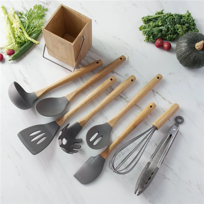 Non-Stick Silicone Cookware Kitchen Utensil Set Natural Acacia Wooden Handle Cooking Utensils Tools Spatula Soup | Дом и сад