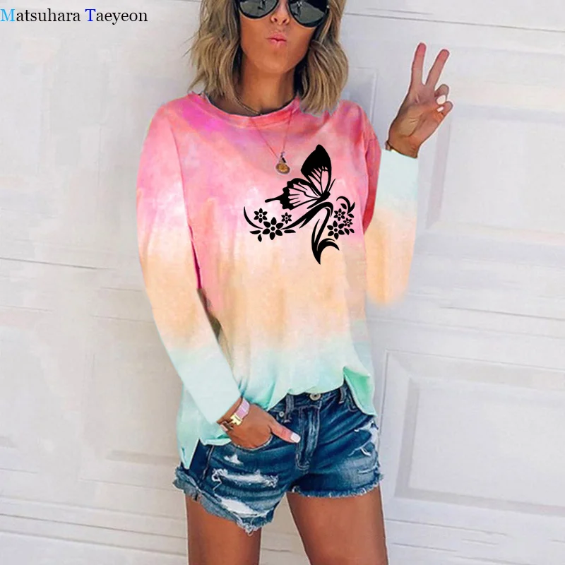 

Flowers and Butterfly Print Tshirt Women Autumn New Long Sleeves T Shirts Fashion Tie Dyed O-neck T-shirt Causal Harajuku Tee