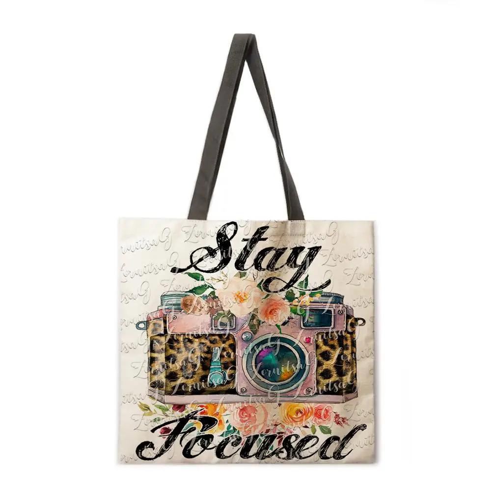 

Retro camera theme linen tote bag beach bag ladies shoulder bag foldable shopping bag reusable fashion bag