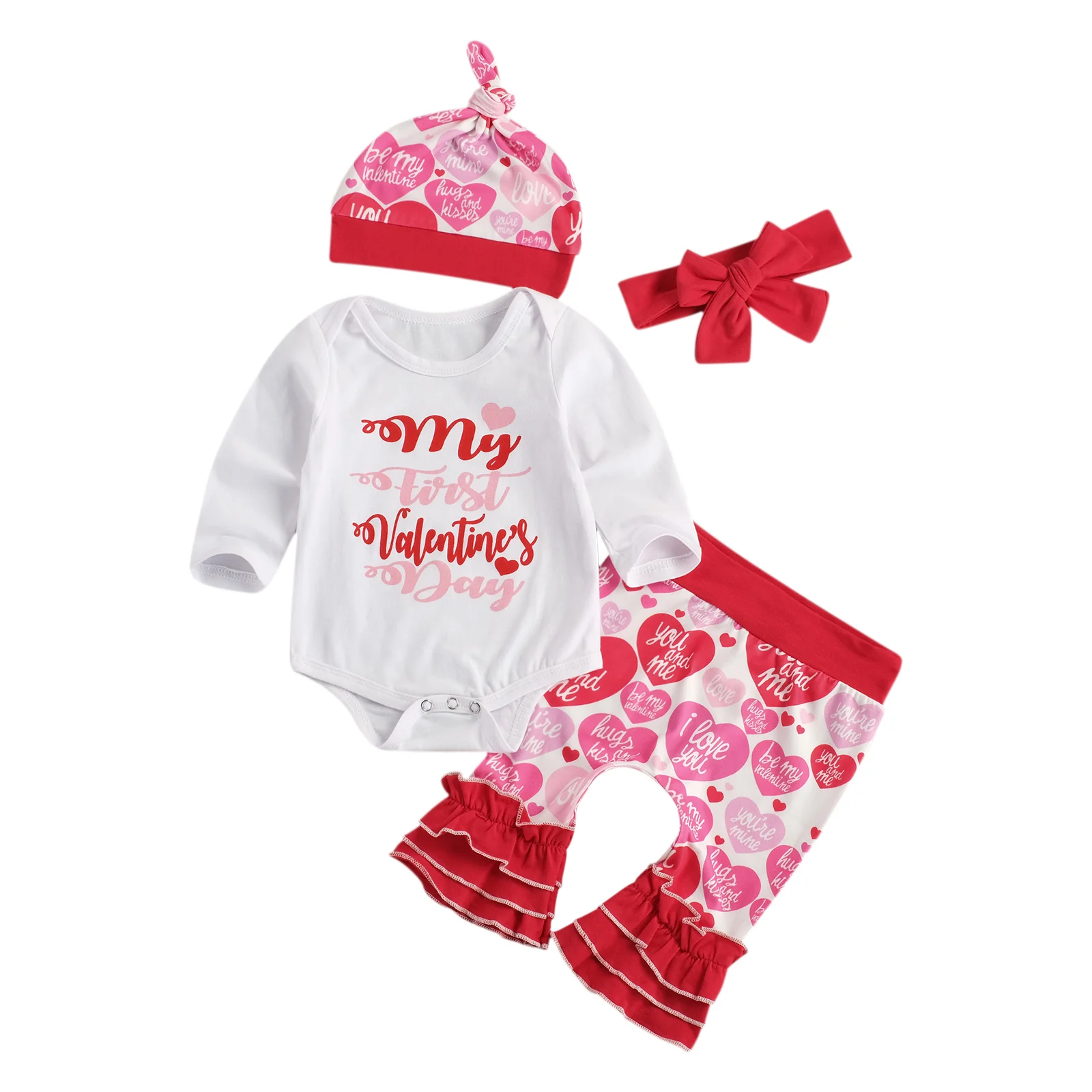 

2020 New Valentine's Day 0-12M Baby Girl 4Pcs Set Outfit Letter Print Long Sleeve Top+Multi Flared Heart Print Trousers+Bow+Hat