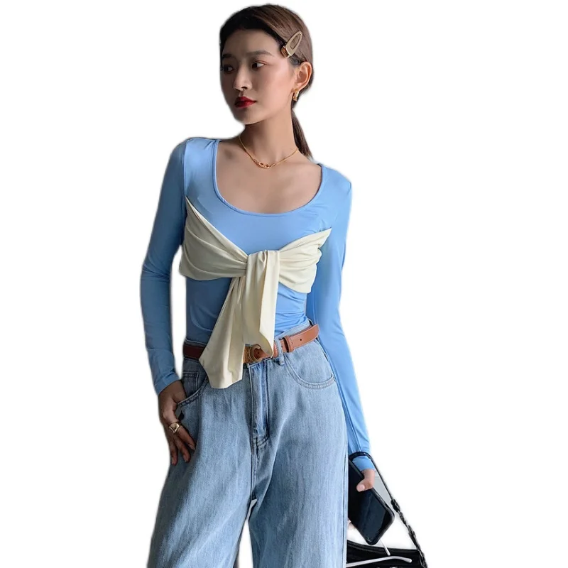 

LANMREM Bow Tie Bottomed T-shirt Cute Contrast Color Slim Blue T-shirt 2021 Spring And Autumn New Fashion Top Clothes 2D1177
