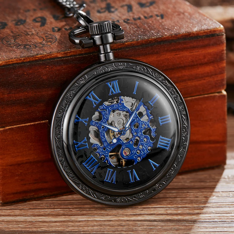Golden Sliver Smooth Automatic Mechanical Pocket Watch Steampunk Skeleton Fob Chain Hand Winding Hollow for Men Women