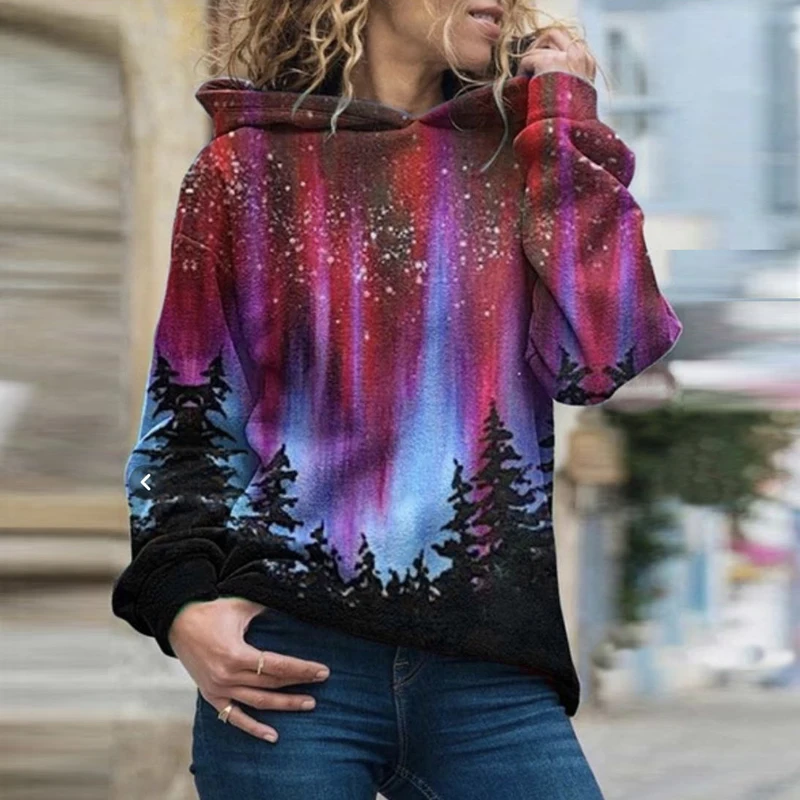 

Sweatshirt Graphic Hoodies Fall 2021 Women Clothing Fashion Top Long Sleeve Starry Sky Print Hooded Autumn Spring Pullovers