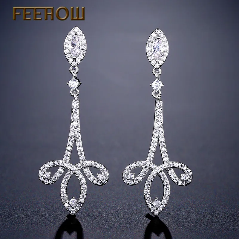 Женские серьги подвески FEEHOW длинные с большим листом и фианитом в этническом