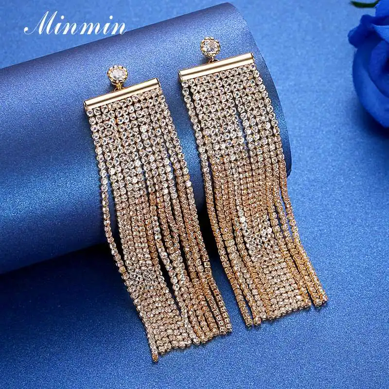 Minmin заявление золотистый/серебристый Rhinestoene большой длинной кисточкой Висячие