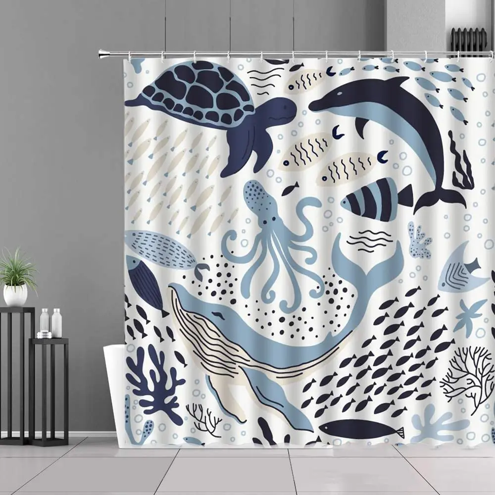 

Cartoon Sea Animal Shower Curtain Set Kids Abstract Funny Ocean Whale Turtle Dolphin Octopus Fish Fabric Bathroom Curtains Hooks