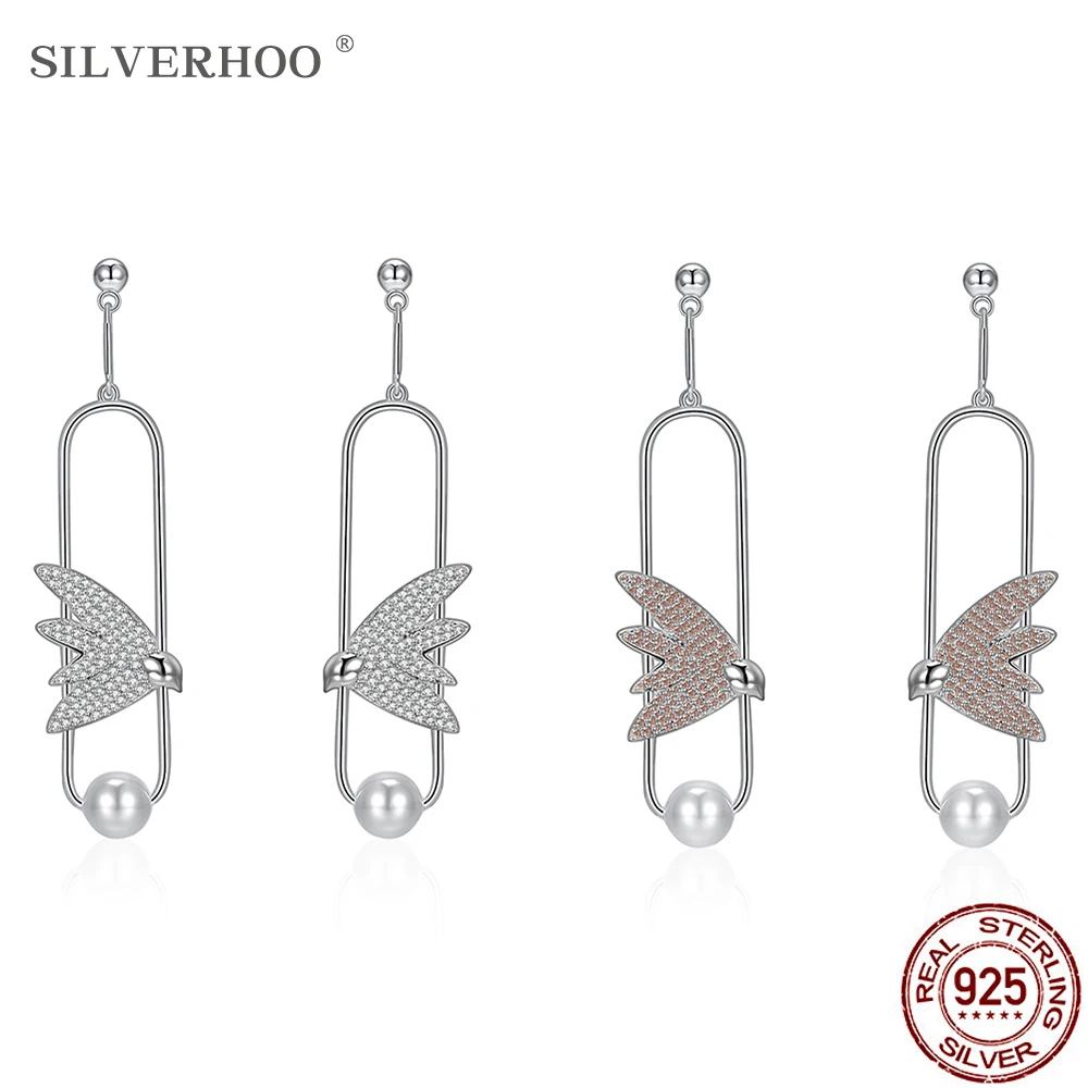 

SILVERHOO 925 Sterling Silver Drop Earrings For Girl Cute Bird Shape With Shell Pearl Engagement Earring Fine Jewelry Hot Sale