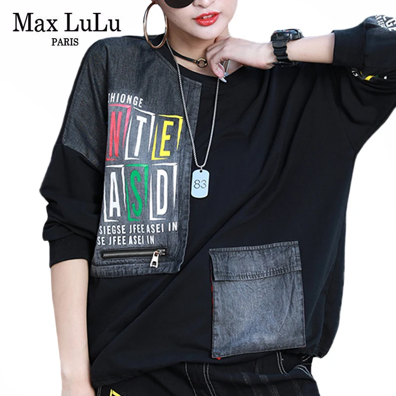 Max LuLu British Designer Spring Clothing Ladies Printed Vintage Tees Womens Denim Long Sleeve Tshirts Female Punk Style Tops | Женская
