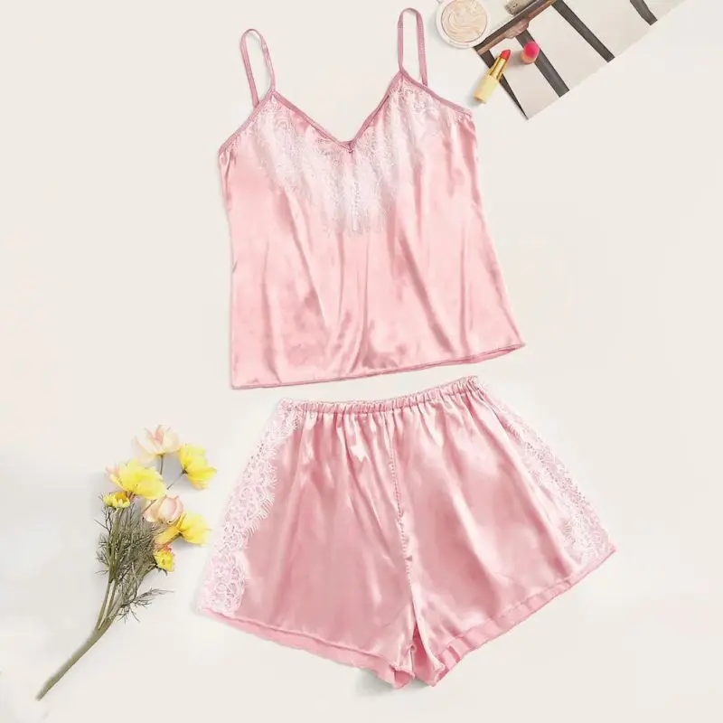 Женский розовый комплект нижнего белья с подтяжками пижама атласная Шелковая на
