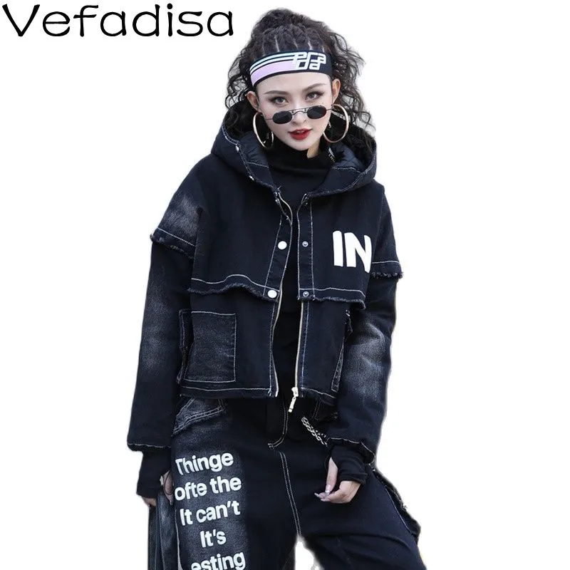 

Уличная мода Vefadisa, утепленная хлопковая джинсовая куртка с принтом, Женская Новинка 2021, зимняя Свободная джинсовая куртка с капюшоном TT618