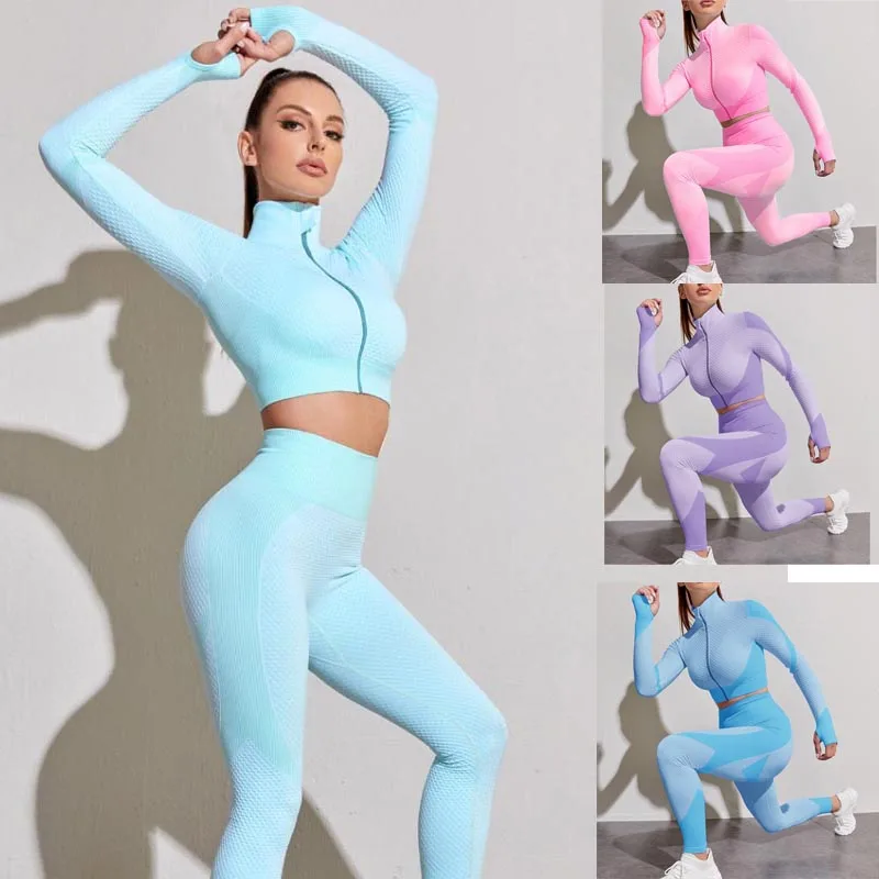 

Women Gym Set Feamle Seamless 2PCS Zipper Crop Top High Waist Leggings Sportsuit Workout Outfit Sport Wear Clothes Yoga Set