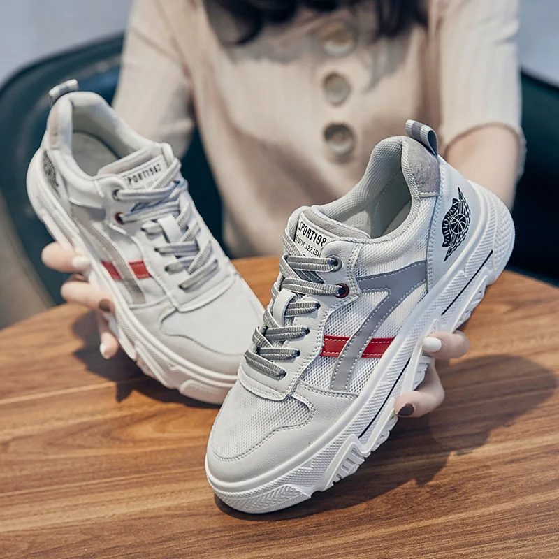

Genuine Leather Woman Sneakers Flat Platform Shoes Spring Fashion Round Toe Comfortable Thick Bottom Mesh Ladies White Shoes