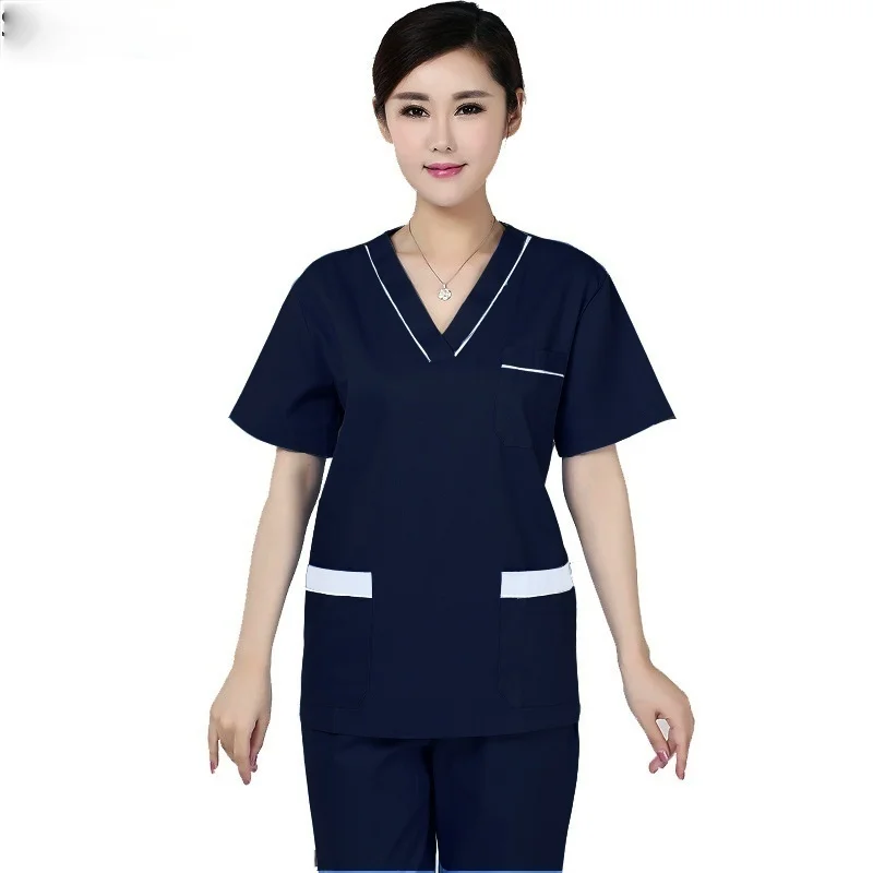 

Women Scrub Tops Color Blocking Design Nursing Uniforms Cotton V-Neck Medical Workwear Short Sleeve Spa Uniform (Just A Top)