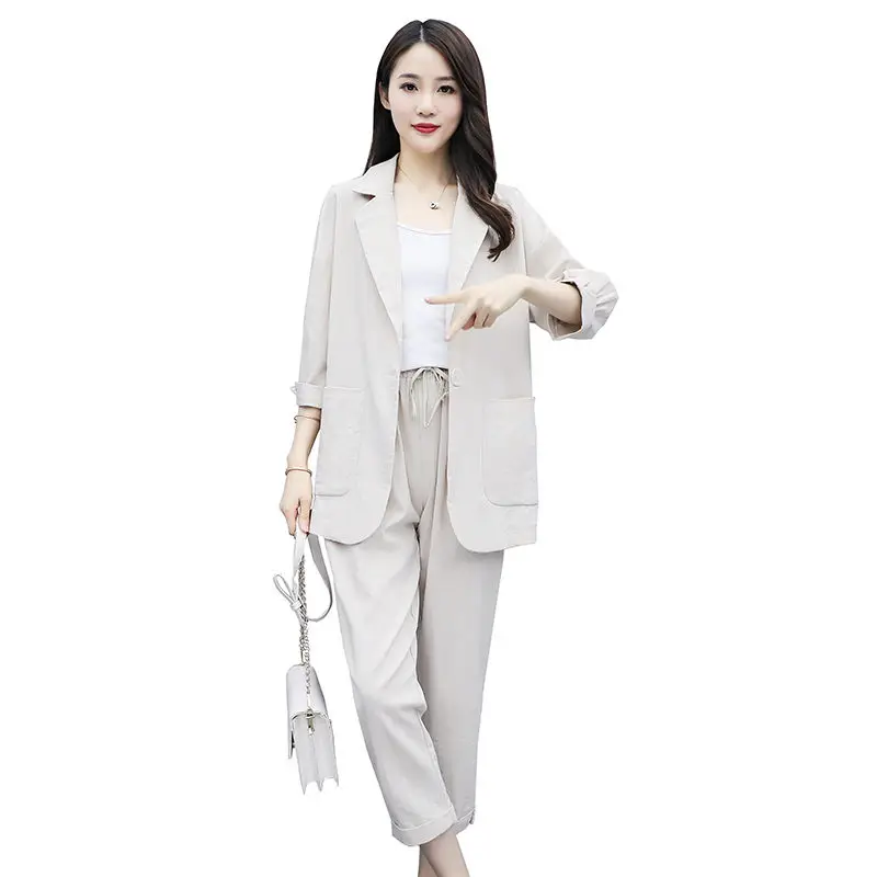 

2021 Spring Autumn New Women Chic Blazer Suits Cotton Linen Two Pieces Set Vintage Single Button Coat And Nine Point Pant aq217