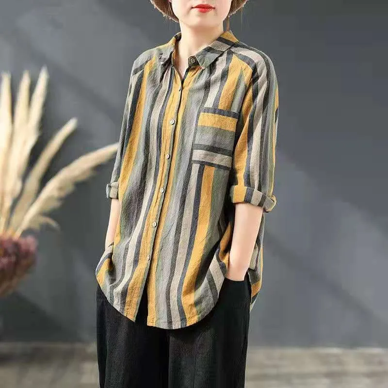 

New Arrival Spring/autumn Arts Style Women Long Sleeve Turn-down Collar Blouse Striped All-matched Cotton Casual Shirts W305