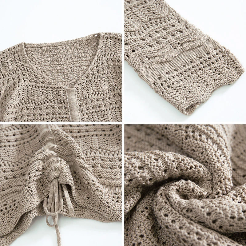 

Elegant Knitwear Tops Plus Size Spring Slim Sweaters Drawstring Lace Up Short Hollow Out V-Neck Knitted Pullovers For Women