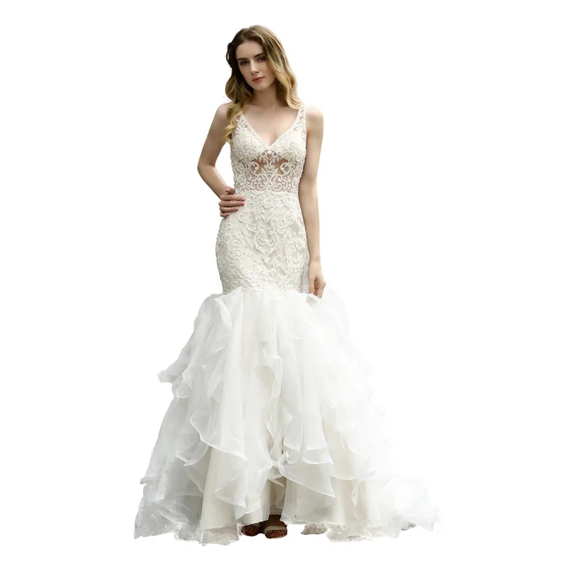 

Milomi.CP Ivory Deep V-Neck Robe de mariee Wedding gowns Embroidery Trouwjurk Vestido de noiva sereia Mermaid wedding dresses