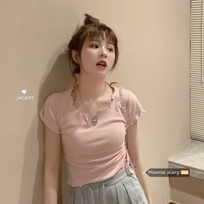 

Women's Urban Basic Short Sleeve Goth T-Shirts Urban Basic Haut Female Umbilical Drawstring Vogue Cute Tshirt Kawaii Girl Anime