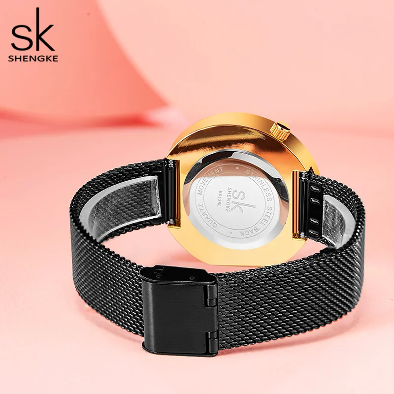 Часы Shengke женские с черным циферблатом креативные водонепроницаемые кварцевые