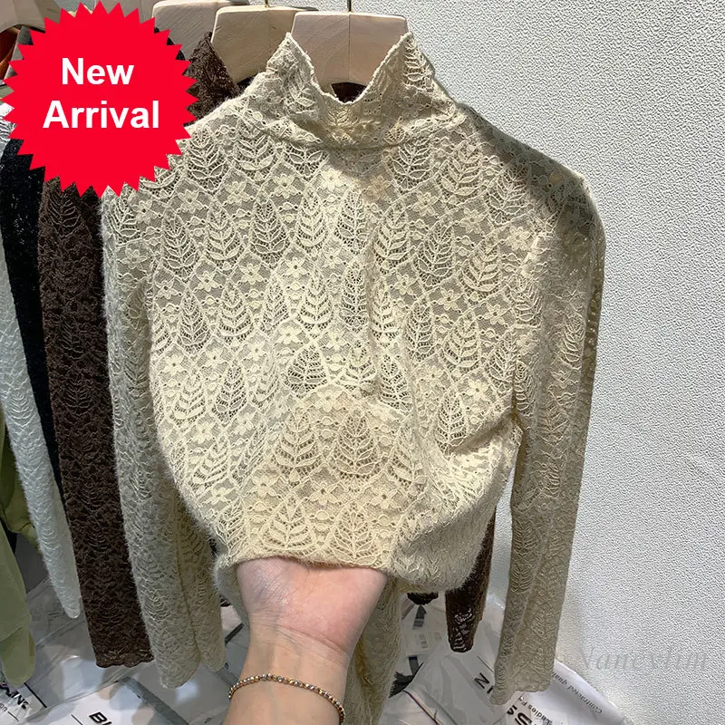 

Turtleneck Lace Shirt for Women 2021 Autumn and Winter New Hollow Mesh Ladies Clothes Long Sleeves T-shirt Top Femme