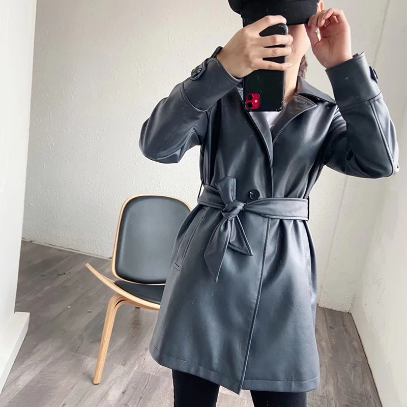 

Fitaylor New Women PU Leather Long Jacket Women Loose Windbreaker Trench Coat Faux Leather Outwear Vintage Jacket