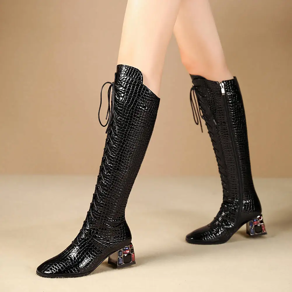 

Sarairis 2020 Hot Sale Chunky Heels Knee High Boots Woman Shoes Zip Up High Quality Cross-tied Trend Shoes Ladies Boots Women