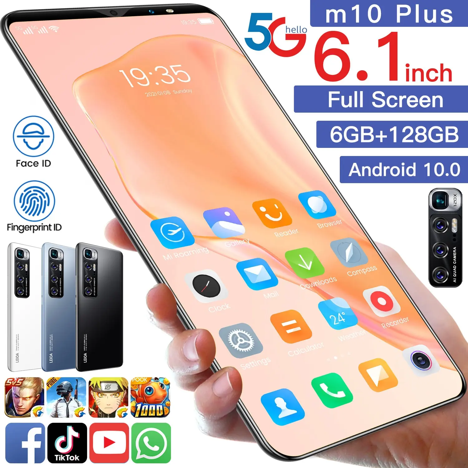 

M10 Plus 6.1 Inch 8 + 128gb Fingreprint Id 10 Core 4800mah Andriod 11 Dual Sim Smartphone + Micro Sd Cell Phone Black