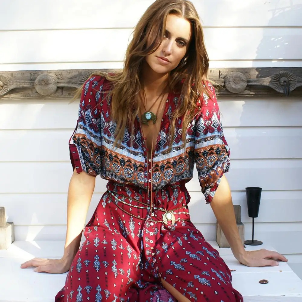Длинное платье женское летнее красное богемное элегантное с принтом длинное