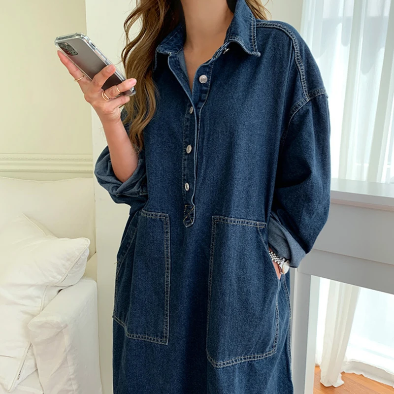 

2021 Women's Autumn Long Sleeve Denim Shirt Dress Button Pocket Jeans Maxi Dresses Casual Loose Female Street Wear Denim Robe