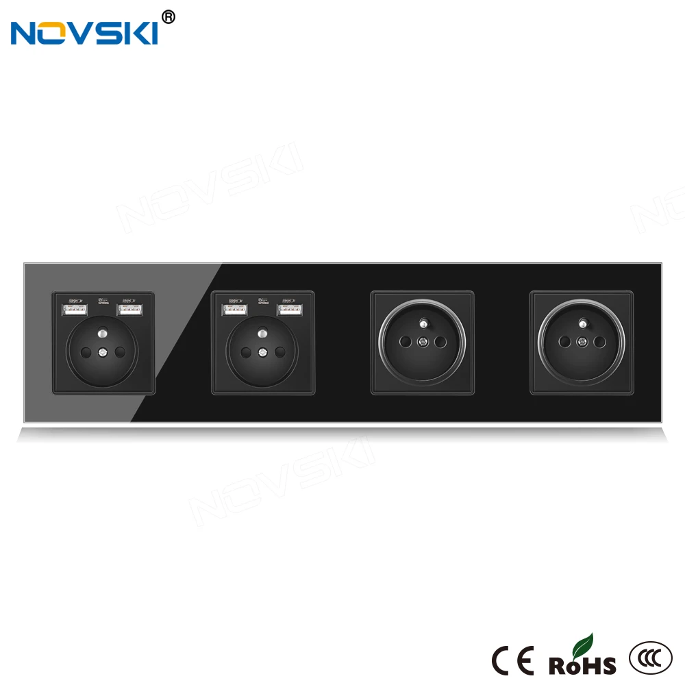 

NOVSKI EU French Wall Power Socket 4 Frame Crystal Glass Black Panel 86*344 mm, Hidden LED for USB Charger