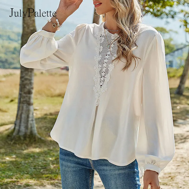 

Julypalette Повседневная Свободная рубашка с круглым вырезом с цветочным кружевом в стиле пэчворк женские блузки Универсальная женская блузка ш...