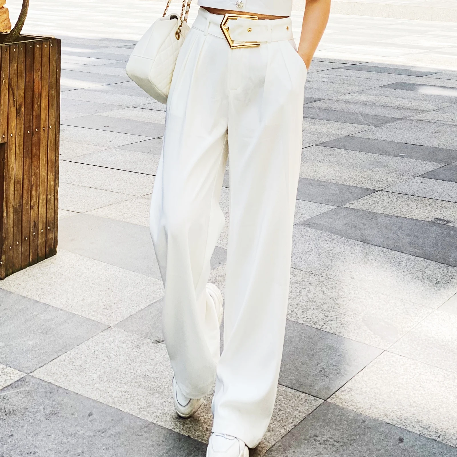 Genuine 2021 spring new white wide leg pants women's high waist drop feeling loose and slim straight pants