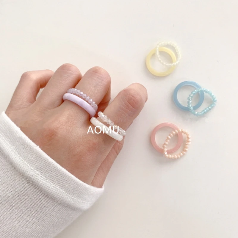 AOMU 2021 Vintage Resin Ring Set Korea Spring Colorful Crystal Beads Resin Rings for Women Party Jewelry Gifts