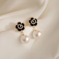 black flower round pearl earrings 2021 trend earrings for women jewelry fashion simple hanging earrings fashion stud earrings