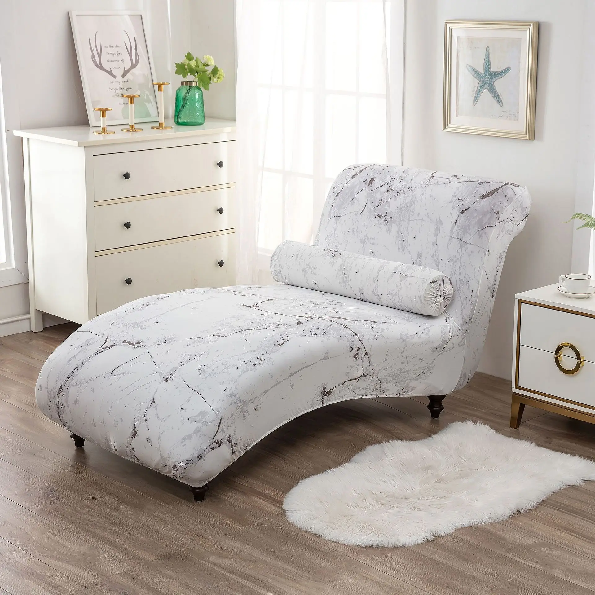 

Printed Chaise Longue Armless Sofa Chair Cover Solid Color Elastic Seat Slipcover Washable Removable Home Decoration Protector