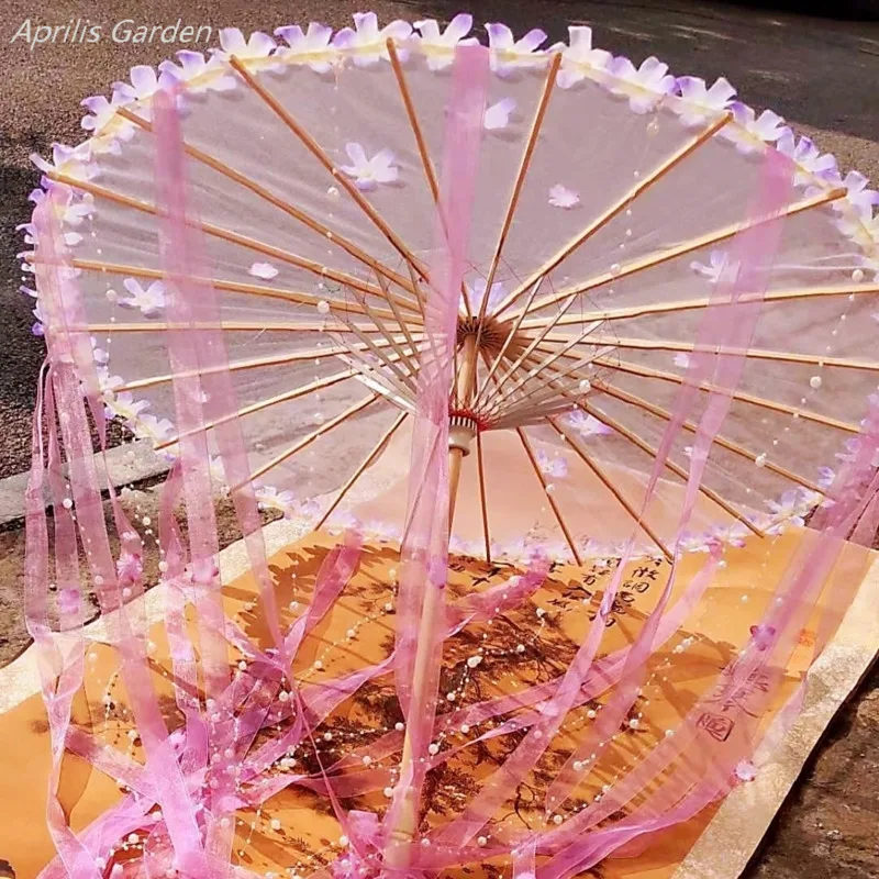 

Ancient Hanfu Ribbon Flower Parasol Clear Chinese Lace Umbrella Cosplay Props Fairy Pearl Flower Moschino Women Paraguas