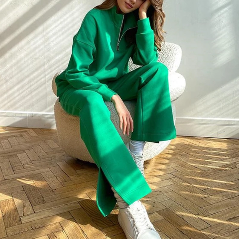 

Women Fashion Solid Tracksuit 2 Piece Set Autumn Female Loose Casual Turn-down Collar Pullover Top And Pants Suit Sports Outfit