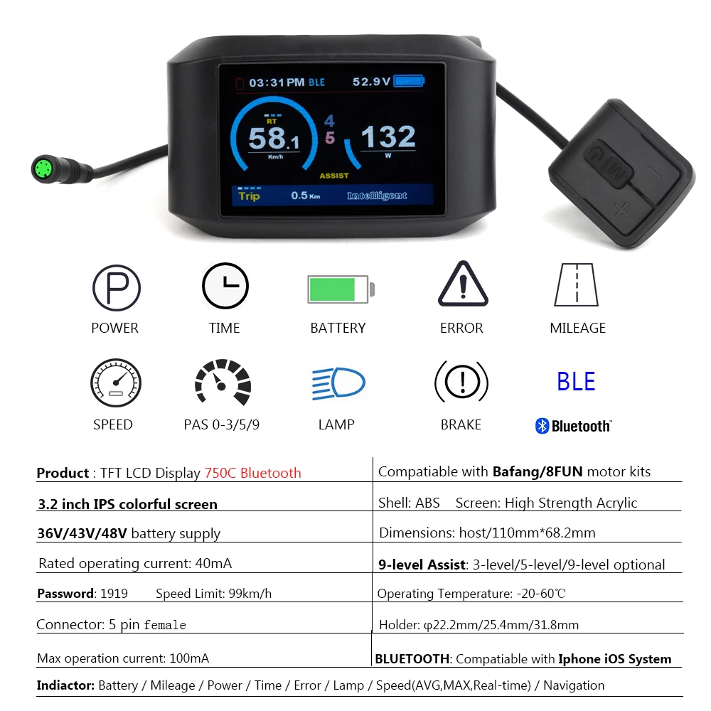 ЖК-дисплей для электровелосипеда с Bluetooth 750C Bafang Mid Motor BBS01 BBS02 BBSHD E-Bike 36 в 48 52 60 -