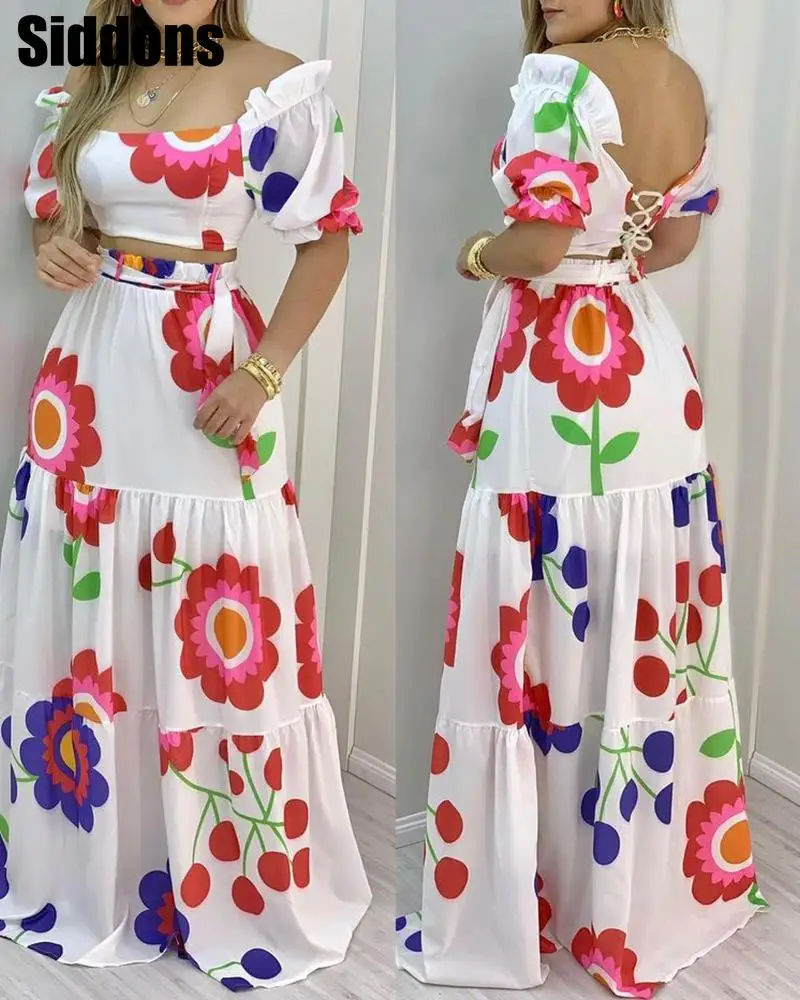 

Floral Print Lace-up Backless Crop Top & Maxi Skirt Sets Sexy Summer Women Two Piece Set Casual Vacation Female Clothes