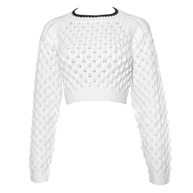 

Women White Long Sleeve Sexy Cross Lace Up Knitted Female Sweater High Waist New High Street Round Neck Pullover Backless Jumper