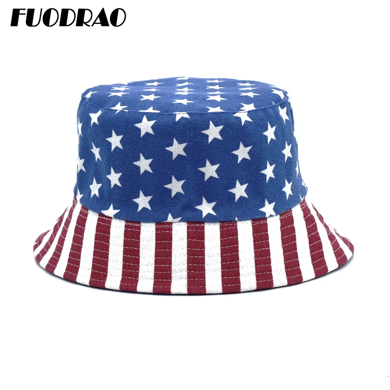 

FUODRAO New Panama Reversible Bucket Hat Women USA Flag Print Cap Visor Men Street Hat Fisherman Hats Dropshipping M52