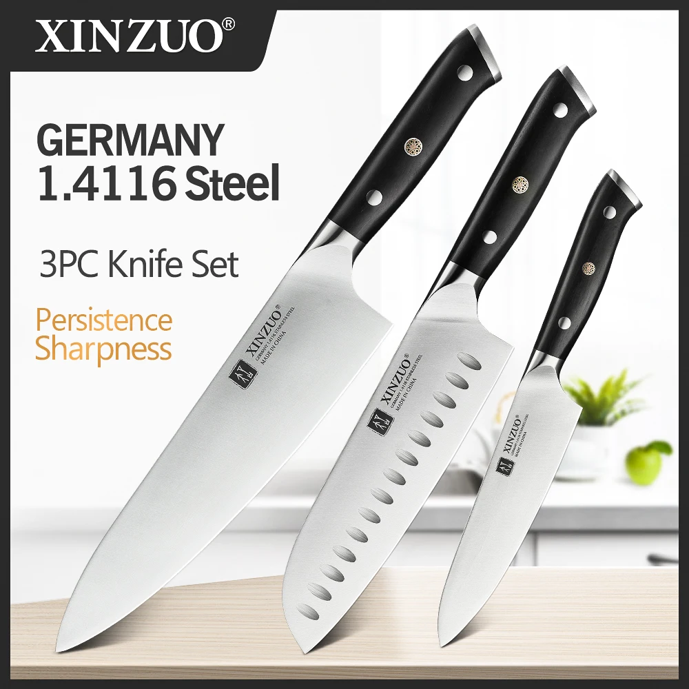 

XINZUO 3 Pcs Chef+Santoku+Utility Kitchen Knife Set Germany 1.4116 High Carbon Stainless Steel New Super Sharp Cooking Knives