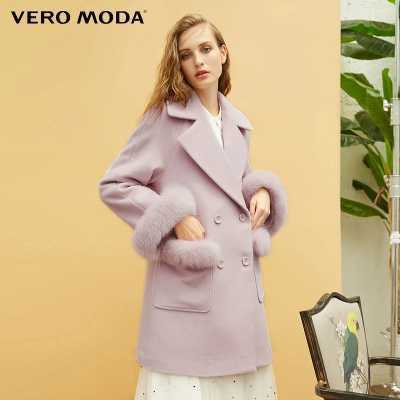 Vero Moda Новинка 100% шерстяное Пальто меховое украшение длинная куртка |