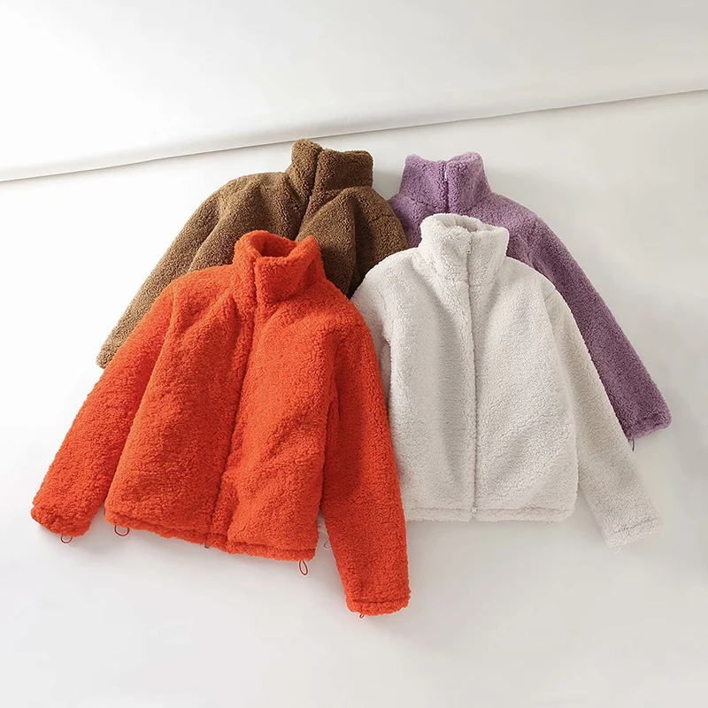 

Трендовая новая зимняя куртка с воротником-стойкой, однотонная женская шуба из искусственного меха ягненка, уличная одежда, толстые теплые ...