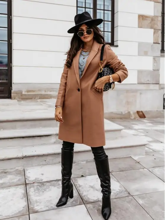 

Autumn and Winter Three-Quarter Sleeve Vintage long coat women 2020 Elegant V-Neck Button Lapel Pocket Woolen Coat Women's