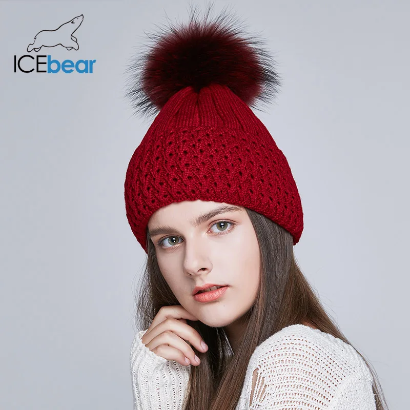ICEbear женские шапки на осень и зиму с натуральным мехом лисы/енота, модные женские шапки с помпоном, E-MX18102Q - Цвет: 22S